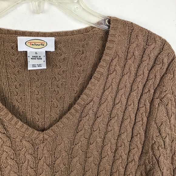 Talbots V-neck cable knit sweater in brown-L - Picture 3 of 8